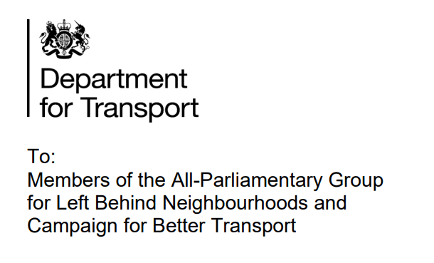 Letter from Baroness Vere, Minister for Roads, Buses and Places